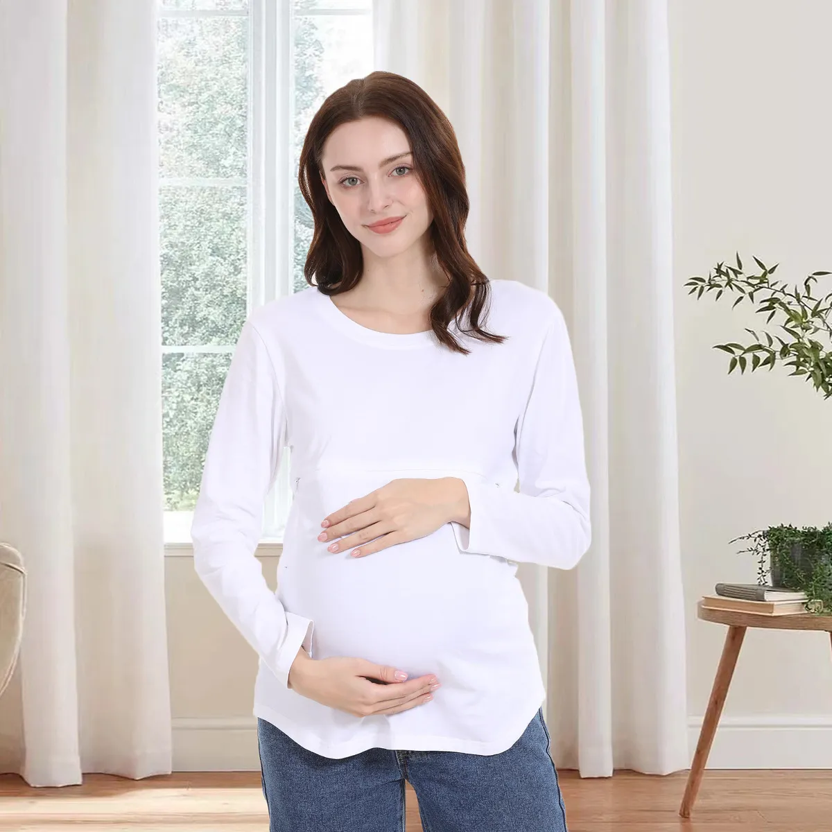 Women Casual Cotton Long-Sleeve Zipper Nursing Maternity T-Shirt