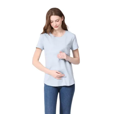 Women Casual Short-Sleeved Cotton Zipper Nursing Maternity T-Shirt