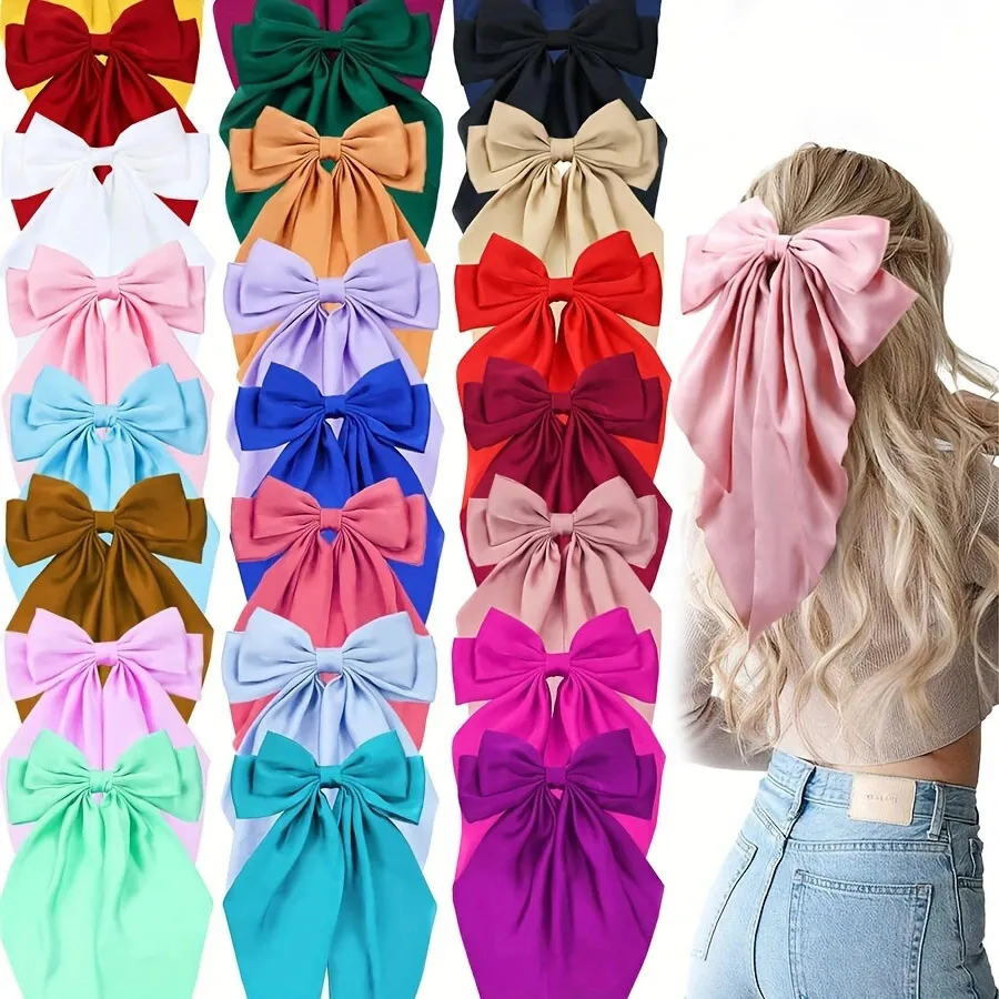 Women Fashion Bow Ribbon Solid Color Spring Clip Hairpin Accessories