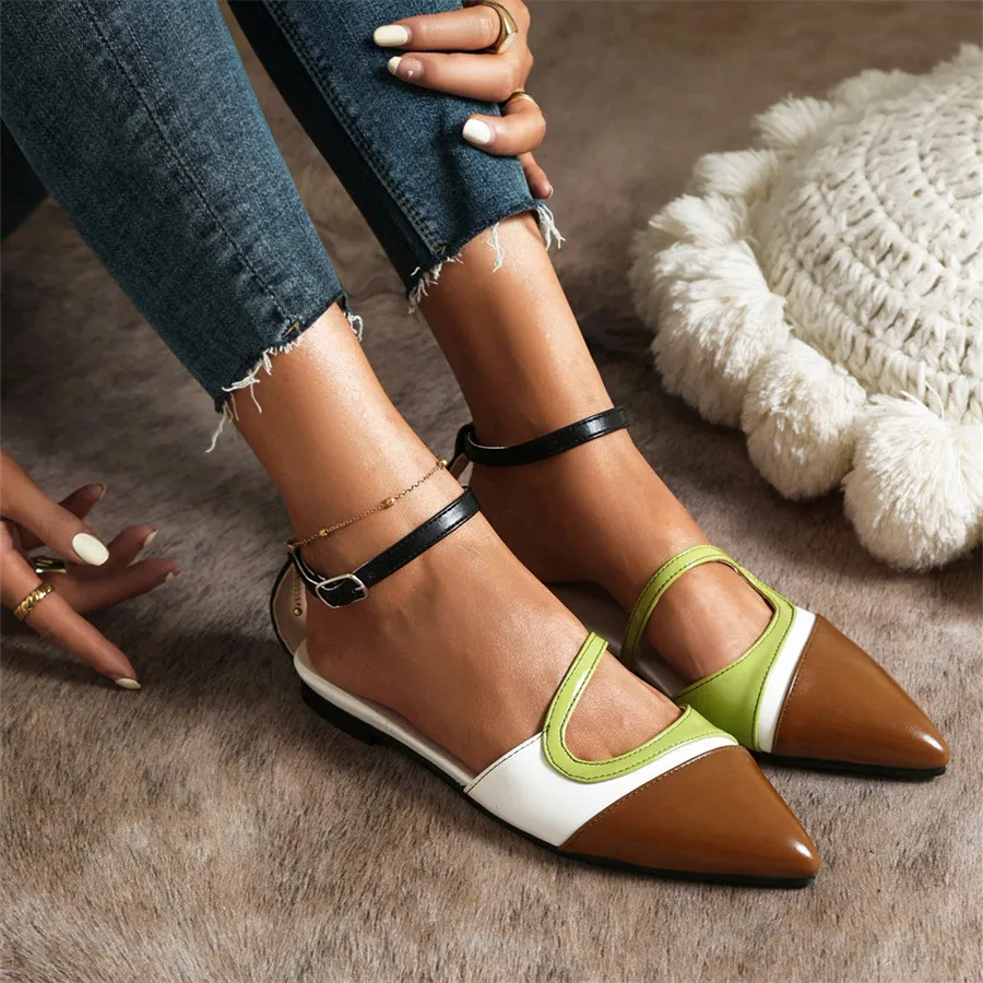 Women's Elegant Color Matching Flat Pointed Toe Hollow Ankle Buckle Mule Shoes