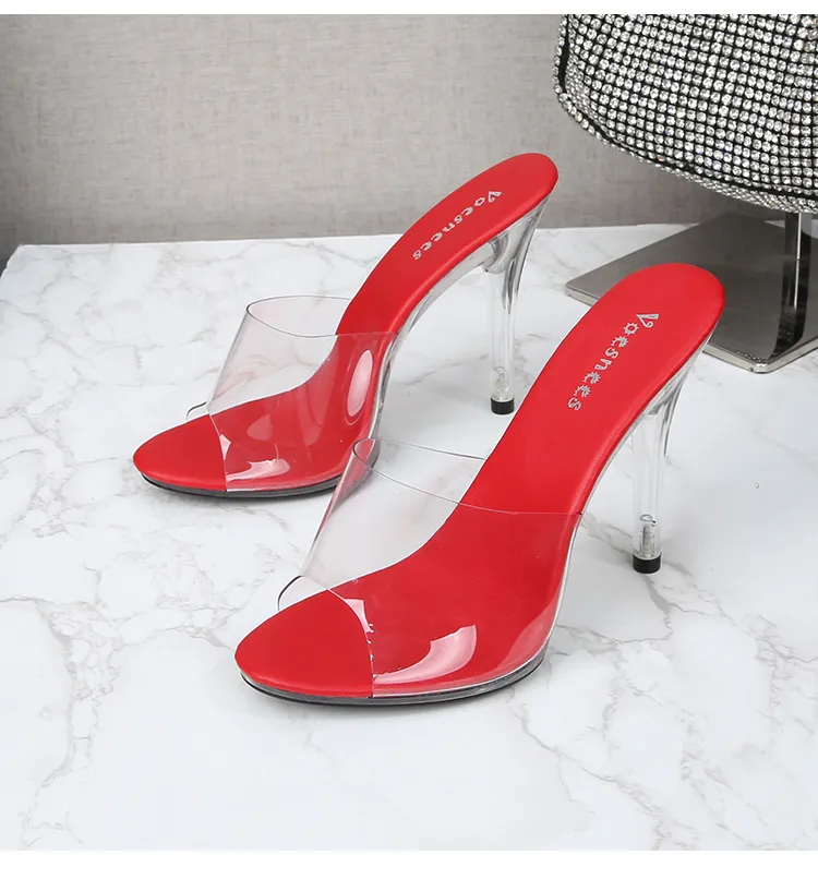 Women Fashion Sexy Transparent Peep-Toe High Heels Slippers Patent Leather Shoes