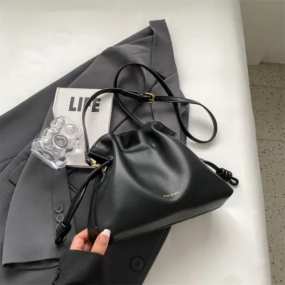 Women Fashion Simple Solid Color Drawstring Bucket Shoulder Bag