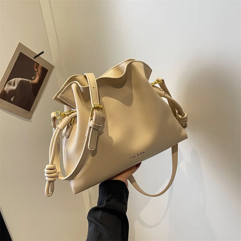 Women Fashion Simple Solid Color Drawstring Bucket Shoulder Bag