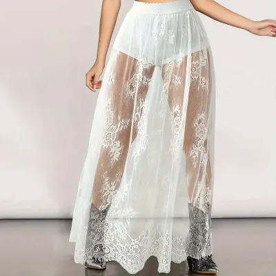 Women Fashion Sexy Lace Perspective Long A-Line Skirt
