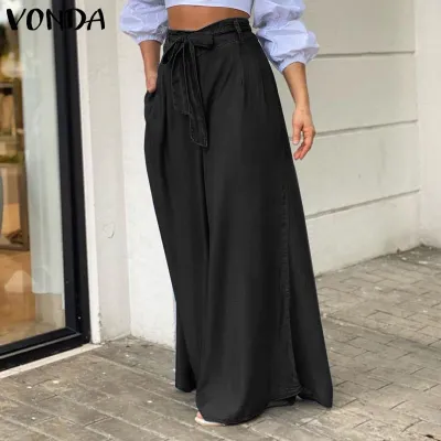 Women Casual Elegant Lace-Up High Waist Wide Leg Plus Size Tencel Denim Jeans