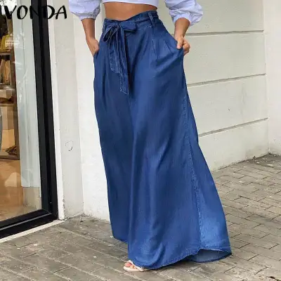 Women Casual Elegant Lace-Up High Waist Wide Leg Plus Size Tencel Denim Jeans