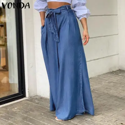 Women Casual Elegant Lace-Up High Waist Wide Leg Plus Size Tencel Denim Jeans