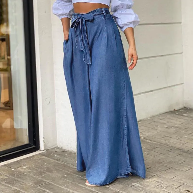 Women Casual Elegant Lace-Up High Waist Wide Leg Plus Size Tencel Denim Jeans
