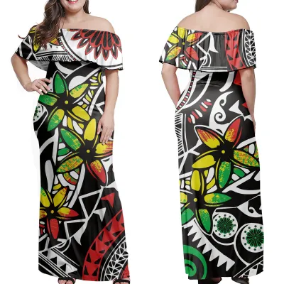 Women Casual Loose Printed Off-Shoulder Maxi Dress