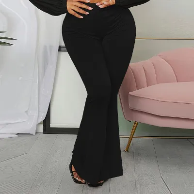 Women Elegant Solid Color Stretch Plus Size High Waist Micro Flare Pants