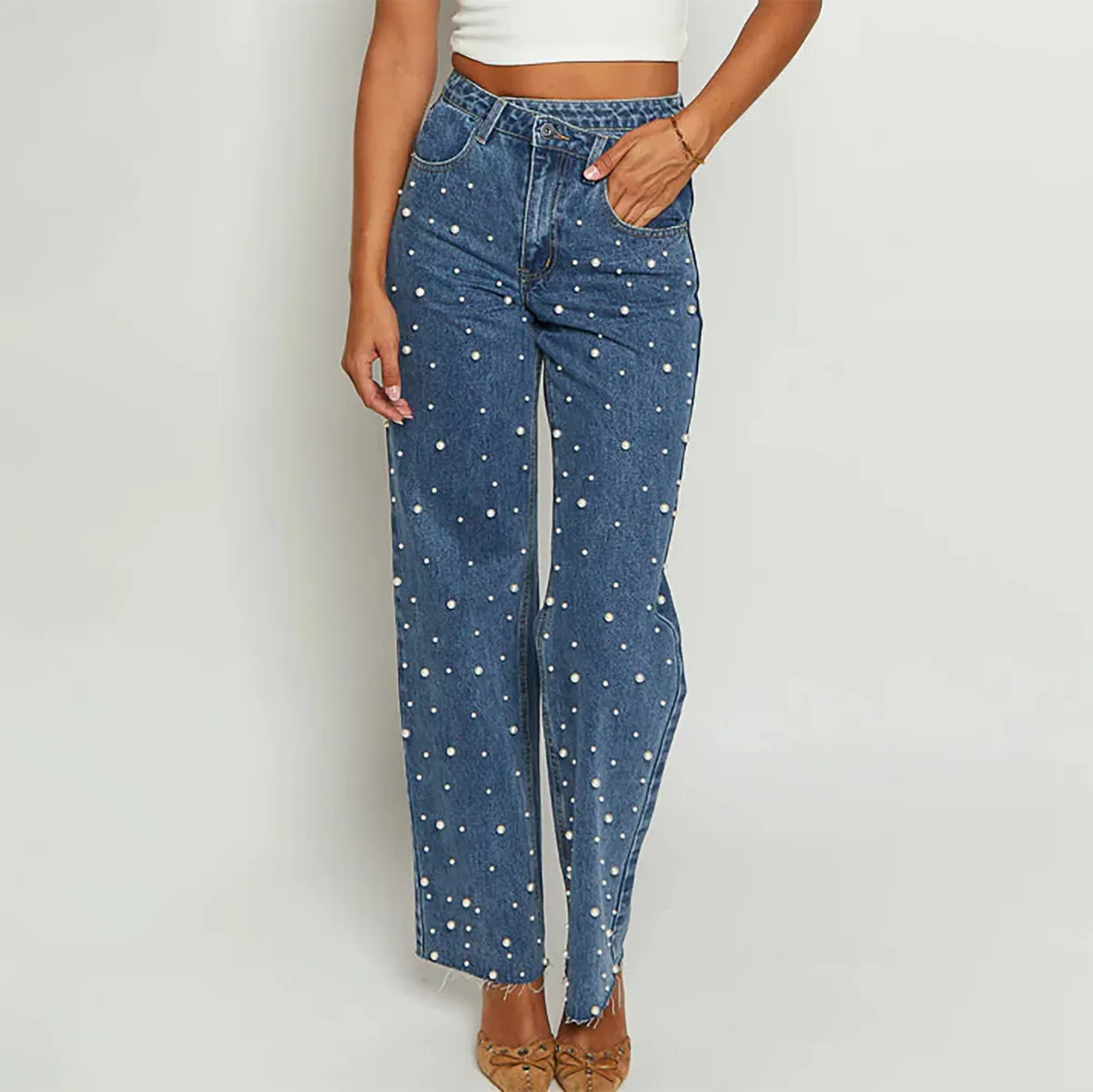 Women Casual Urban Wind Cross Beaded Skew Waist Denim Jeans