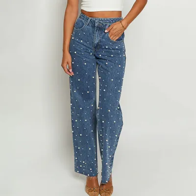 Women Casual Urban Wind Cross Beaded Skew Waist Denim Jeans