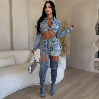 Women Fashion Sexy Tube Top Ripped Denim Pants Set