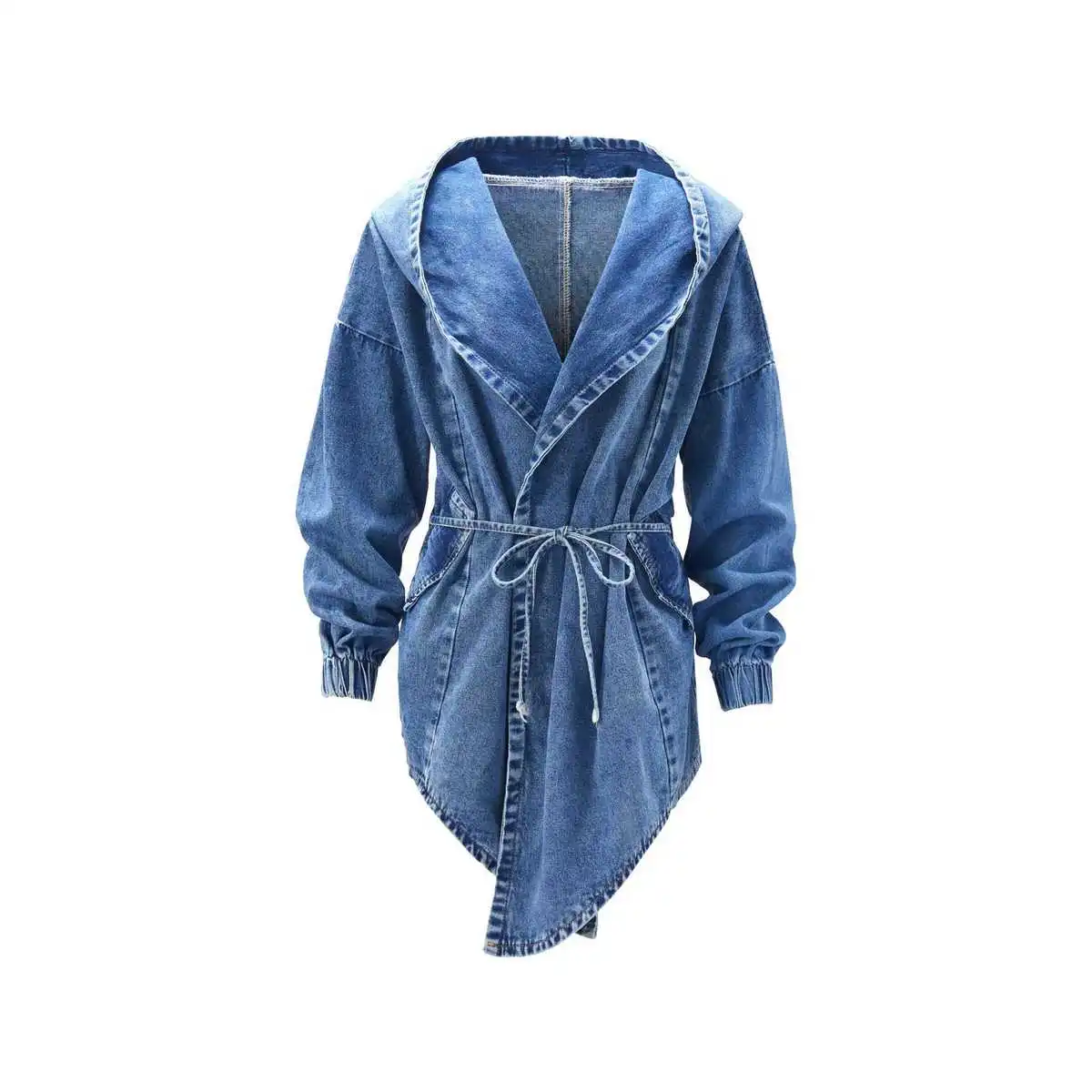 Spring And Autumn Women Fashion Waist Long-Sleeved Extra Long Denim Hooded Coat