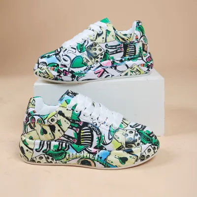 Women Fashion Casual Printed Lace-Up Round Toe Thick Soled Sneakers Plus Size