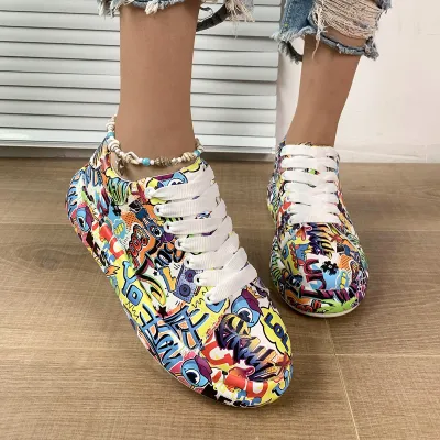 Women Fashion Casual Printed Lace-Up Round Toe Thick Soled Sneakers Plus Size