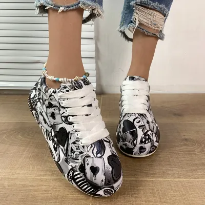 Women Fashion Casual Printed Lace-Up Round Toe Thick Soled Sneakers Plus Size