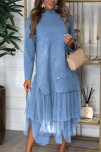 Women Casual Mesh Stitching Long Sleeve Pullover Midi Dress