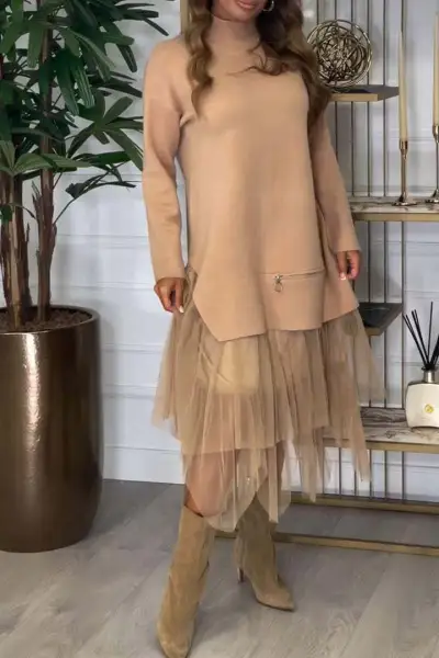 Women Casual Mesh Stitching Long Sleeve Pullover Midi Dress