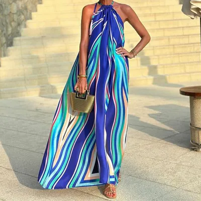 Vestido midi sin mangas con cuello halter y estampado bohemio informal para mujer