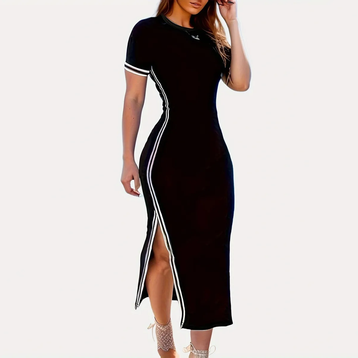 Women Elegant Maxi Dress Split Design Round Neck Short Sleeve