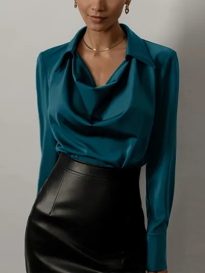 Women Fashion Simple Solid Color Swing Collar V-Neck Blouse
