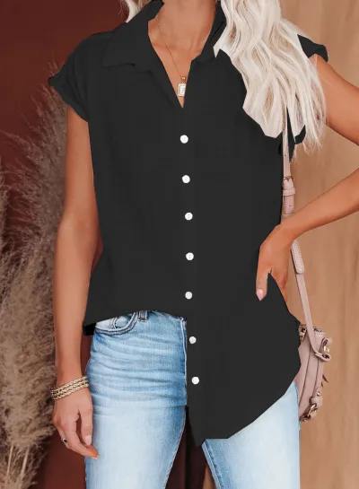 Women Casual Loose Fit Solid Color Single-Breasted Lapel Sleeveless Blouse