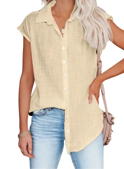 Women Casual Loose Fit Solid Color Single-Breasted Lapel Sleeveless Blouse