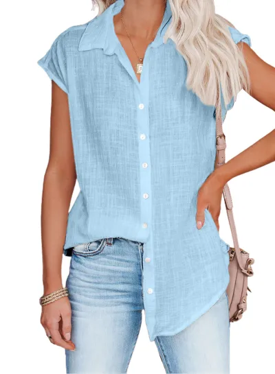 Women Casual Loose Fit Solid Color Single-Breasted Lapel Sleeveless Blouse