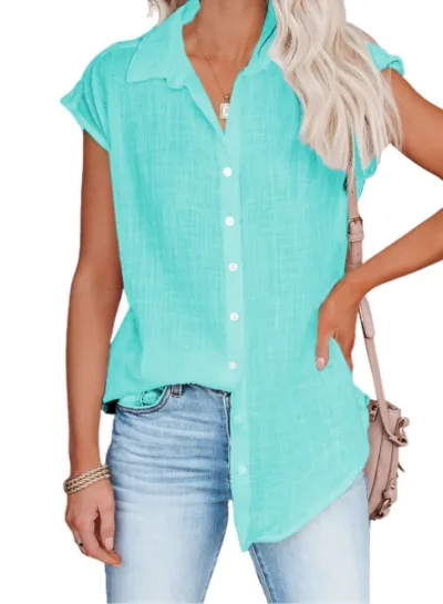 Women Casual Loose Fit Solid Color Single-Breasted Lapel Sleeveless Blouse