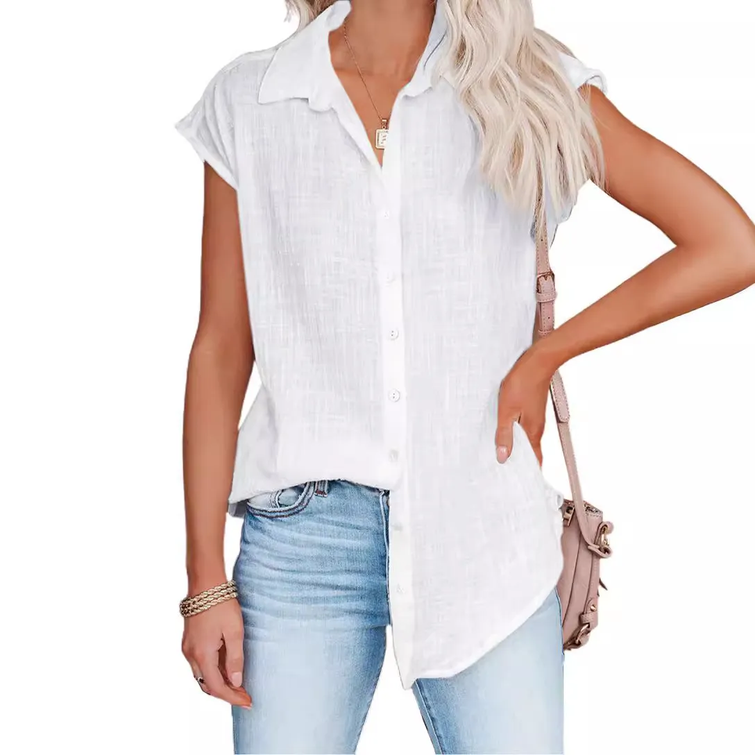 Women Casual Loose Fit Solid Color Single-Breasted Lapel Sleeveless Blouse