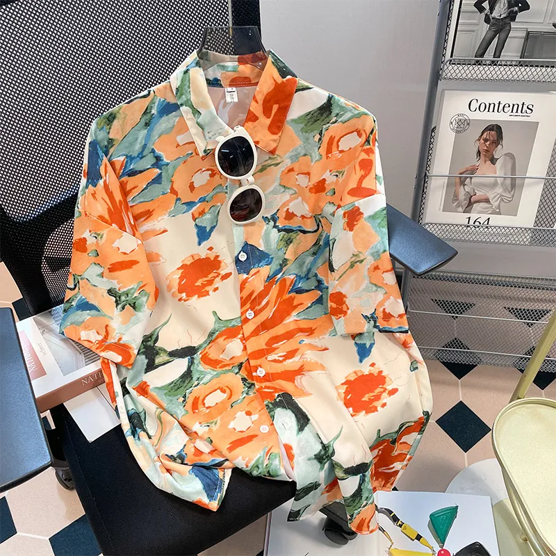 Women Casual Vacation Floral Printed Short Sleeve Lapel Blouse