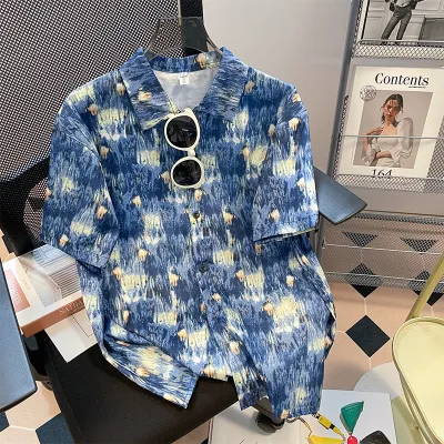 Women Casual Vacation Floral Printed Short Sleeve Lapel Blouse