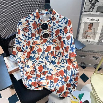 Women Casual Vacation Floral Printed Short Sleeve Lapel Blouse