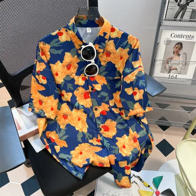 Women Casual Vacation Floral Printed Short Sleeve Lapel Blouse