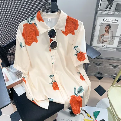 Women Casual Vacation Floral Printed Short Sleeve Lapel Blouse