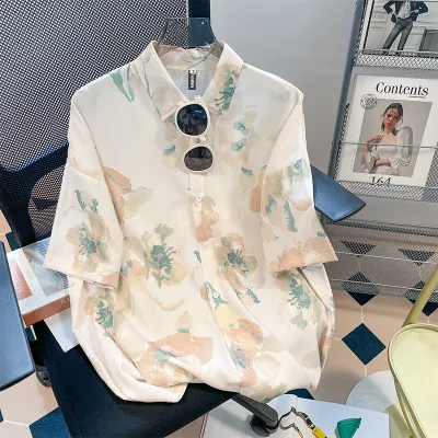 Women Casual Vacation Floral Printed Short Sleeve Lapel Blouse
