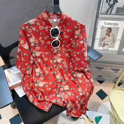 Women Casual Vacation Floral Printed Short Sleeve Lapel Blouse
