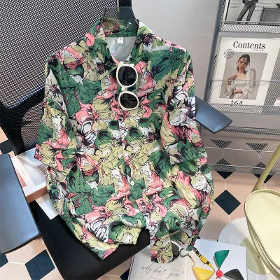 Women Casual Vacation Floral Printed Short Sleeve Lapel Blouse