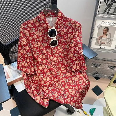 Women Casual Vacation Floral Printed Short Sleeve Lapel Blouse