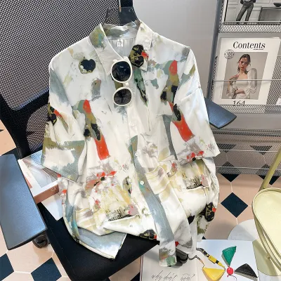 Women Casual Vacation Floral Printed Short Sleeve Lapel Blouse