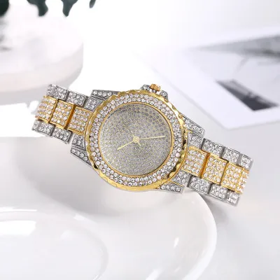 Women Fashion Rhinestone Steel Band Alloy Tricolor Quartz Watch