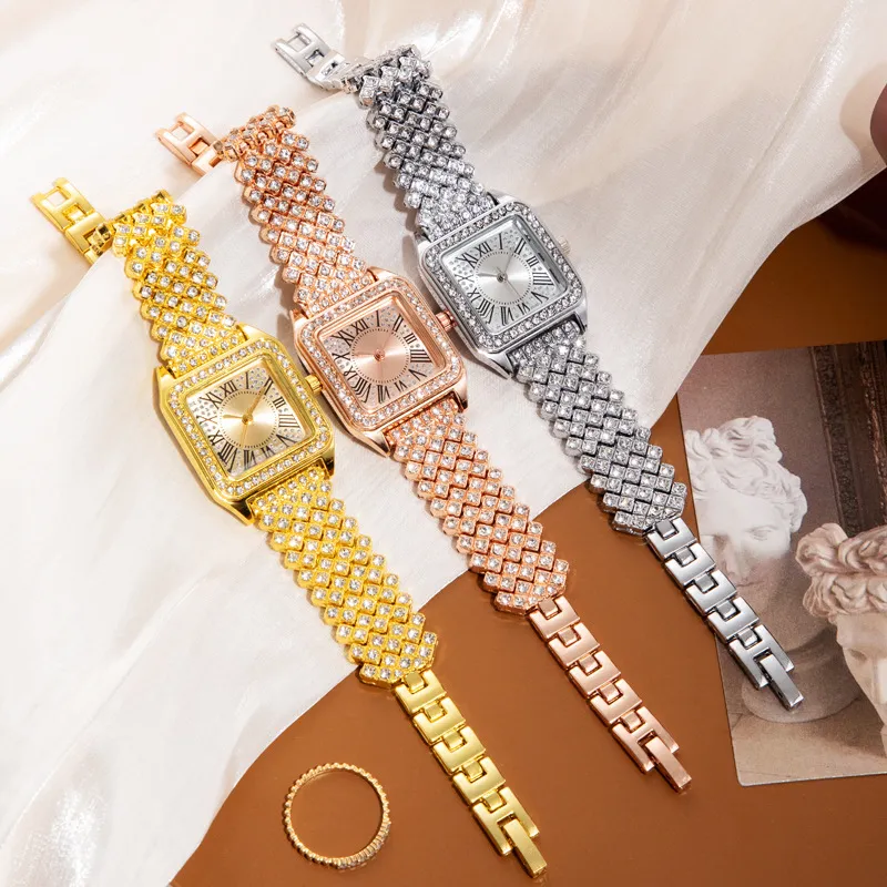 Women Fashion Rhinestone Roman Square Quartz Watch