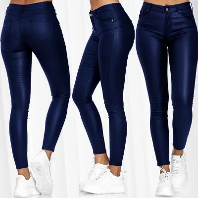 Women Fashion Casual Tight Solid Color Pu Leather Pants
