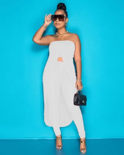 Women Fashion Sexy Solid Color Long Tube Crop Top Tight Pants Two-Piece Set