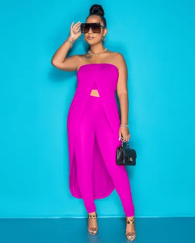 Women Fashion Sexy Solid Color Long Tube Crop Top Tight Pants Two-Piece Set