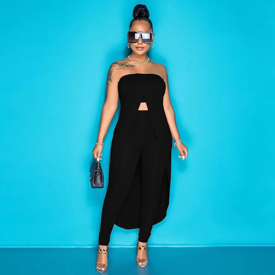 Women Fashion Sexy Solid Color Long Tube Crop Top Tight Pants Two-Piece Set