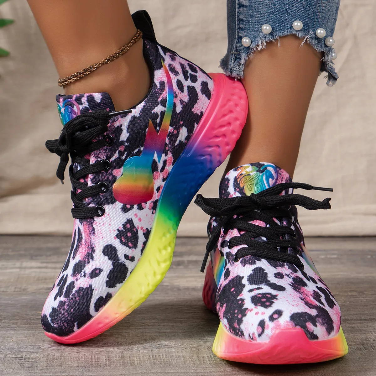 Women Fashion Casual Leopard Lace-Up Round Toe Rainbow Bottom Sneaker Plus Size