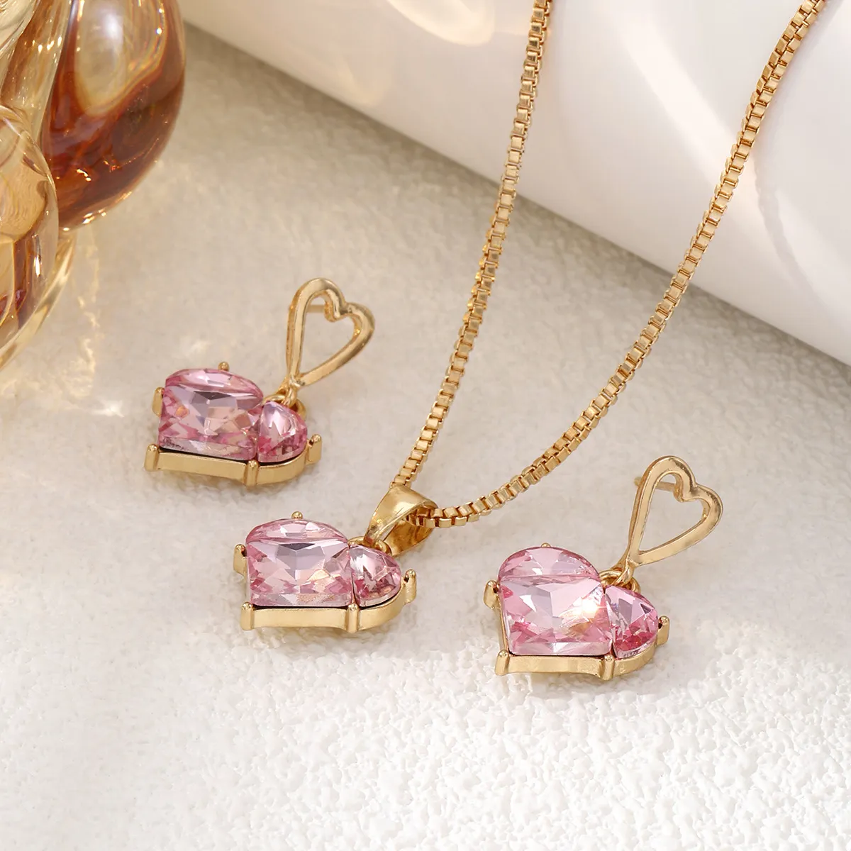 Barbie Pink Peach Heart Necklace Earrings Women Jewelry Set Box Chain