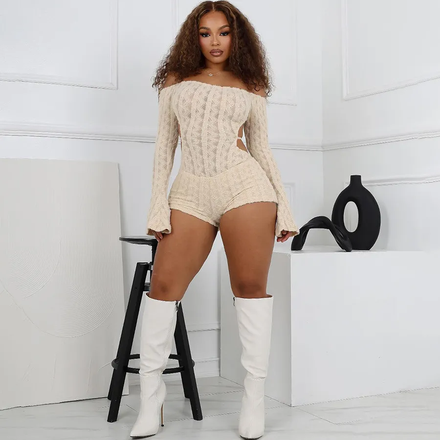 Women Fashion Sexy One-Shoulder Long-Sleeved Backless Slim-Fit Rompers